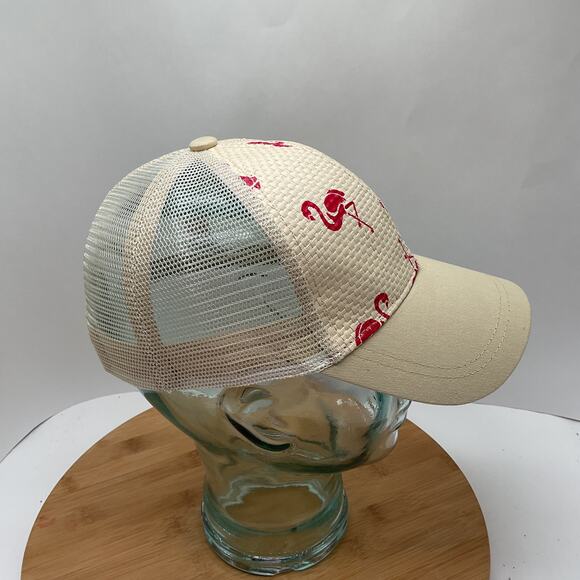 Straw Snapback Mesh Trucker Hat Pink Flamingo Print - Picture 2 of 6